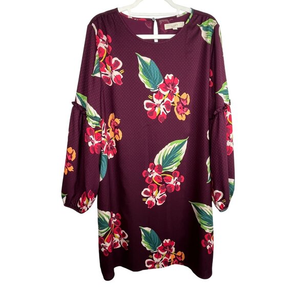 Loft Dress Womens Large Floral Polka Dots Work Fall Purple Ruffles Shift Sheath - Picture 1 of 16
